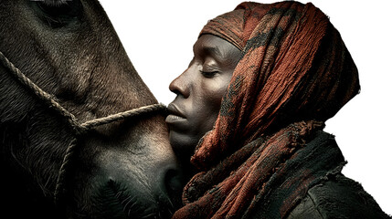 Closeup portrait of a person and a horse intimate moment dark background