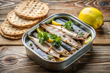 Surstromming Fish Arranged on an Open Tin with Flatbread