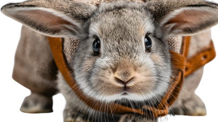 Closeup portrait of an adorable rabbit wearing a harness