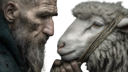 Closeup portrait of an elderly man with a long beard holding a sheep