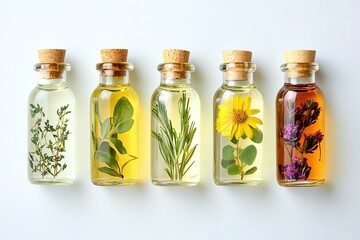 A row of five glass bottles filled with various essential oils, each bottle displaying different herbs and flowers inside, isolated on a white background