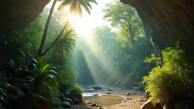 VR 360 Camera Moving inside Tropical Cave in Jungle with Palms and Sun Light