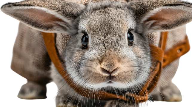 Closeup portrait of an adorable rabbit wearing a harness
