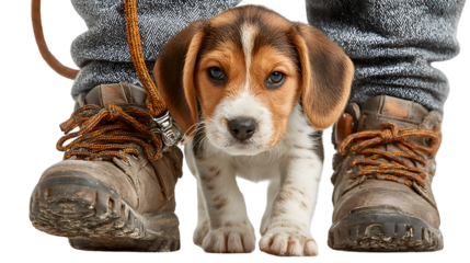 Cute Puppy Dog on a Leash with Hiking Boots