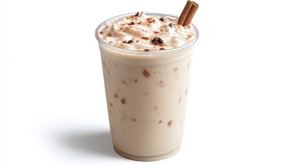 Creamy beverage with whipped topping, chocolate flakes, and cinnamon stick