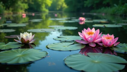 Water lilies forming a natural floral pattern across a still lake, nature, aquatic plant, close-up
