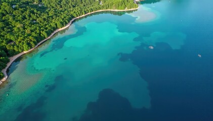 Abstract aerial view of lake, showing intricate shoreline shapes, birdseye, texture, sun