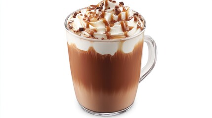 Hot cocoa beverage topped with whipped cream and chocolate pieces, in a clear glass