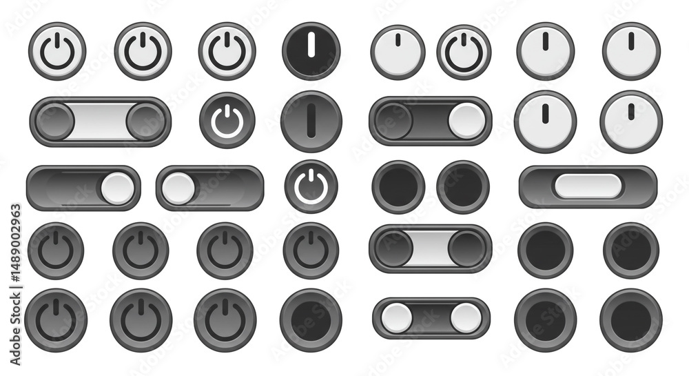 Poster vector power buttons collection on off toggle switch ui design elements round shape set icons 100