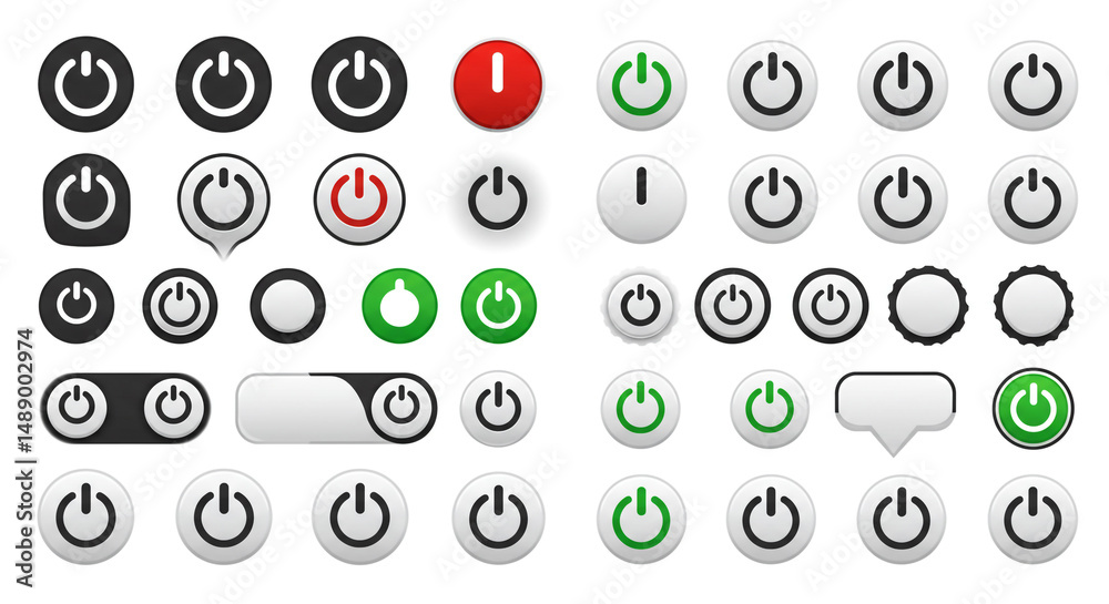 Poster power button icons graphic set on off switch symbols interface elements design collection vector