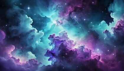 An ethereal galaxy glows with purple and turquoise clouds and celestial starlight above and beyond.