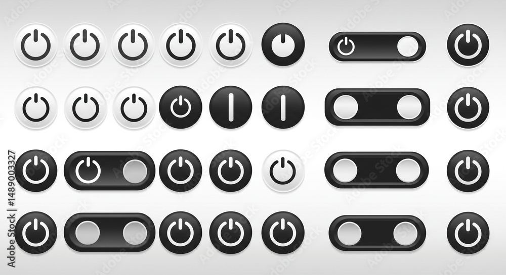 Poster power on off button icons electronic device controls user interface element design switch toggle