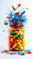 A glass apothecary jar overflows with colorful capsules and pills, exploding in a vibrant powder cloud against a bright background.  The image is dynamic and suggests energy and abundance
