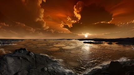 Obraz premium view of a sunset over a frozen lake with ice