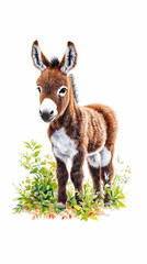 Obraz premium A charming, chestnut miniature donkey foal stands amidst lush green foliage, its dark eyes and soft fur depicted in exquisite detail against a stark white background