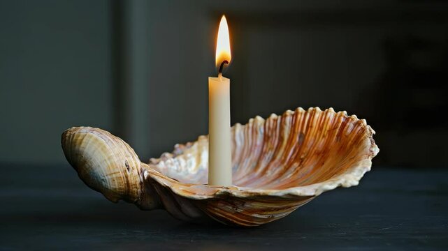 A candle is lit in a seashell shell