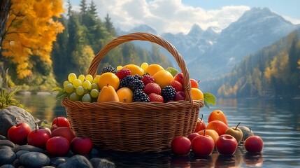 there are many different fruits in a basket on the water