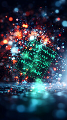 A glowing teal data sheet floats above a dark, reflective surface, surrounded by a vibrant bokeh of red, orange, and blue lights.  The scene evokes a sense of technological mystery and energy