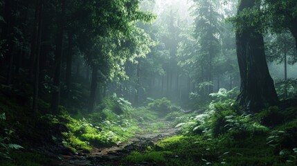 Fototapeta premium Misty forest path through lush greenery.