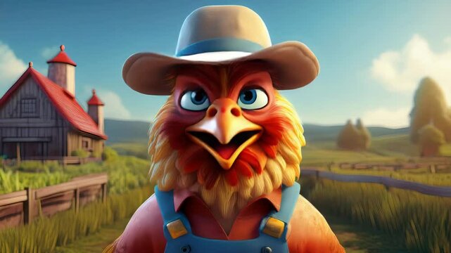Cute Cartoon Chicken Dressed as a Farmer Talking to the Camera