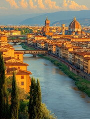 Fototapeta premium Elevated view of a historic European city at sunset, showcasing a river flowing through the city center, with bridges, buildings, and prominent domes