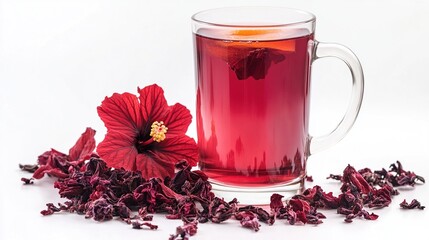 Glass of hibiscus tea with a hibiscus flower and dried hibiscus petals