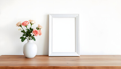 Portrait white picture frame mockup on wooden table. Modern ceramic vase with roses. White wall background. Scandinavian interior, 8k. White tone