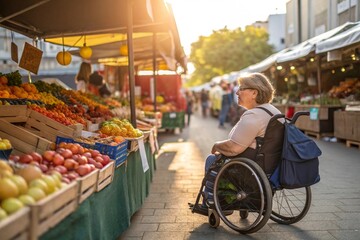 Obraz premium Woman in Wheelchair Shopping at Outdoor Farmers Market, Inclusive and Independent Urban Living