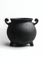 A dark, round cauldron with two ornate scroll handles and three stubby legs sits on a white background. Its surface shows a textured, slightly uneven finish