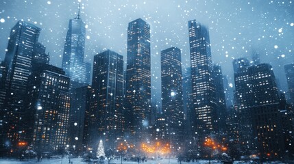 Fototapeta premium City skyline covered in snowfall at night.