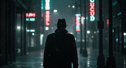Obraz premium A lone figure in a trench coat braves the city s downpour a noir silhouette under the glow of neon