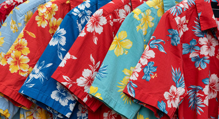 A vibrant rack of Hawaiian shirts evokes the spirit of aloha and endless summer vacations with