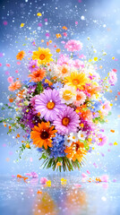 Obraz premium Vibrant bouquet of wildflowers, diverse colors and textures, scattered petals, ethereal light-blue background, subtle reflection