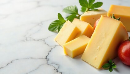 Assortment of Italian cheeses on white marble , variety, parmesan, mozzarella