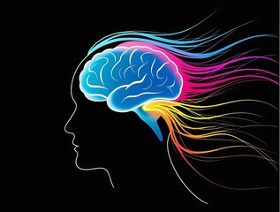 Obraz premium Conceptual digital illustration of a glowing human brain with vibrant neural energy streams emanating from the head, symbolizing creativity, intelligence, and mental power