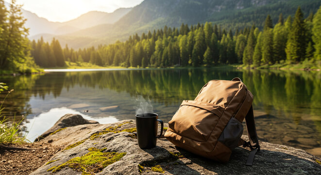 Solitary backpacker s steaming coffee by tranquil mountain lake a moment of peace reflection in - Powered by Adobe