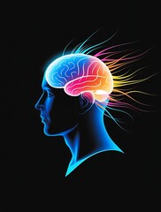 Obraz premium Conceptual digital illustration of a glowing human brain with vibrant neural energy streams emanating from the head, symbolizing creativity, intelligence, and mental power