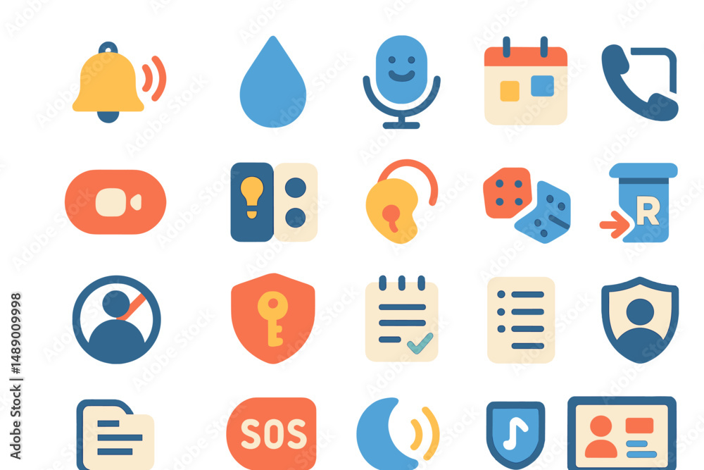 Poster colorful icons representing various digital tools and functions on a light background in a grid layo