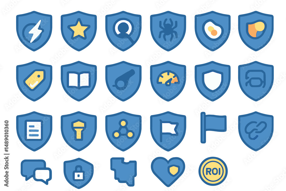 Poster collection of colorful shield icons representing various concepts and functionalities in a digital e