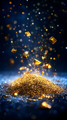 Golden glitter pile with falling jewel-like shapes against a dark blue, bokeh-filled background