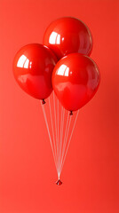 Three glossy red balloons clustered together, suspended against a matching red background by thin white strings, subtly reflecting light