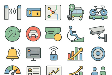 Collection of transportation and security icons depicting various urban mobility concepts