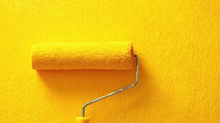 Obraz premium Bright Yellow Paint Roller on Vibrant Yellow Wall Canvas for Home Renovation and Interior Design Projects