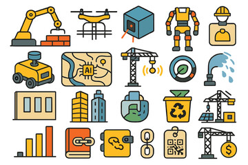 Illustrations of various construction, technology, and AI elements showcasing modern tools and activities in development