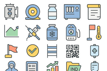 Health and safety icons representing various aspects of medical and laboratory practices in a modern setting