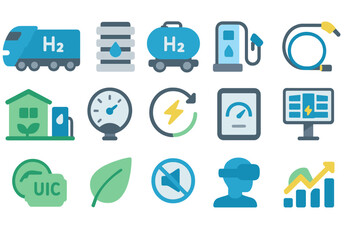 Various symbols representing hydrogen energy technologies and their applications for sustainable future development
