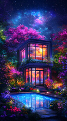 A vibrant, two-story glass house glows warmly amidst a lush, neon-lit garden at night, under a star-filled sky
