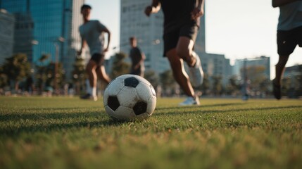 A soccer ball sits on the grass in the foreground, with blurry figures of young men playing soccer in the background.  A sunny day with modern buildings visible.