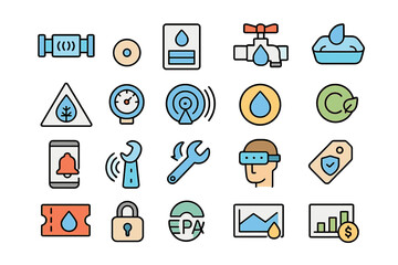 Collection of water-related icons depicting various aspects of water management and conservation in a modern design