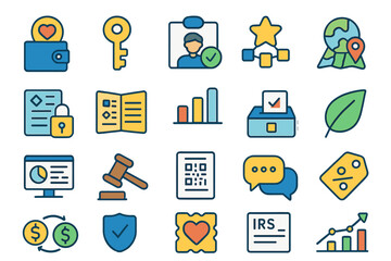 Icons representing various concepts related to finance, security, communication, and data analysis in a colorful, modern style